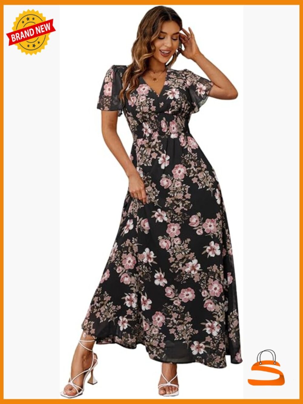 Boho Floral Maxi Dress Flowy V-Neck Short Sleeve Casual Wedding Guest - Picture 1 of 5